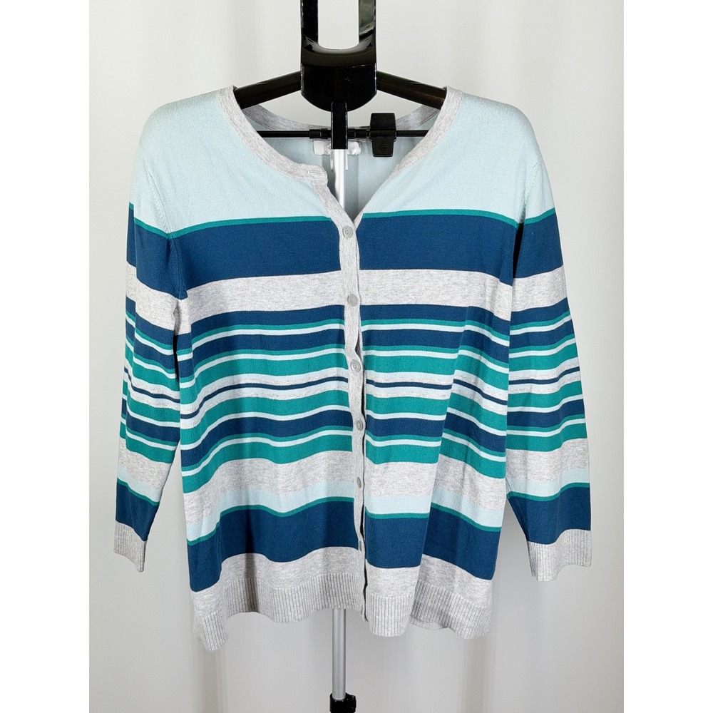 Cj Banks Womens 2X Blue Green Striped Button Front 3/4 Sleeve Cardigan Sweater
